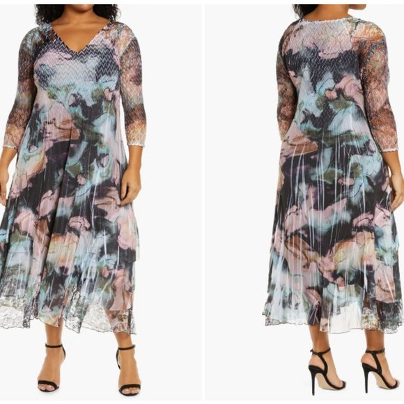 KOMAROV WATER COLOR FLORAL CHARMEUSE & CHIFFON V-NECK STARDUST MIDI DRESS XL - Picture 1 of 6